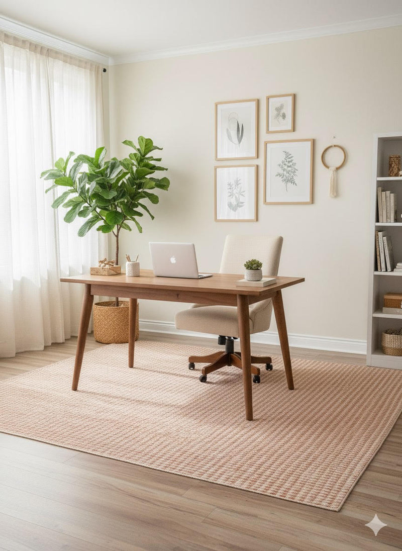 7' x 7' Square Natural Beige Soft Ivory Geometric Contemporary Area Rug used in a home office creating a clean and modern workspace atmosphere.