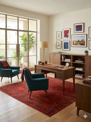 7' x 7' Square Red Distressed Geometric Tribal Vintage Area Rug styled in a home office with a wooden desk and teal upholstered chairs.