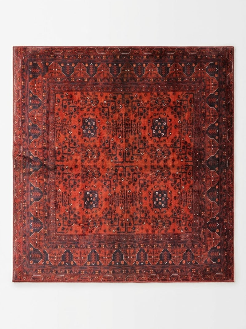 7' x 7' Square Red & Navy Tribal Geometric Traditional Area Rug featuring repeating tribal motifs, dark navy geometric borders, and a rich red background.