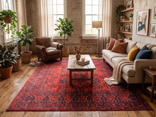 7' x 7' Square Red & Navy Tribal Geometric Traditional Area Rug styled in a living room with a beige sofa, brown leather armchair, and wooden coffee table.