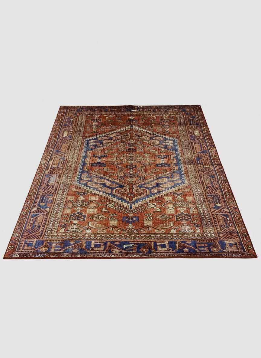 7' x 7' Square Rust Red Navy Blue Geometric Medallion Traditional