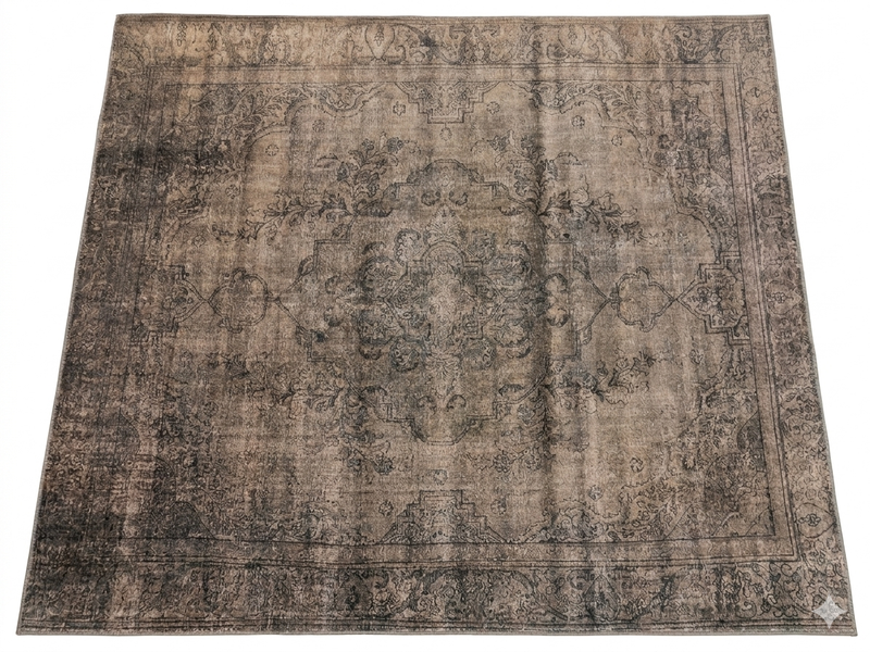7' x 7' Square Taupe Gray Distressed Medallion Vintage Area Rug displayed on a white background, showcasing its faded taupe and gray medallion design with a vintage-inspired distressed pattern.