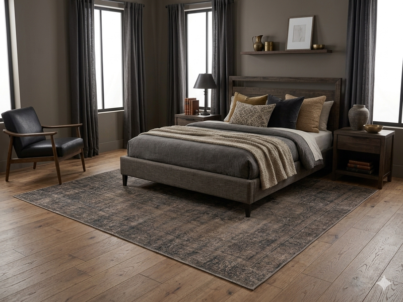 7' x 7' Square Taupe Gray Distressed Medallion Vintage Area Rug placed under a bed in a moody contemporary bedroom with charcoal bedding and dark wood furniture.