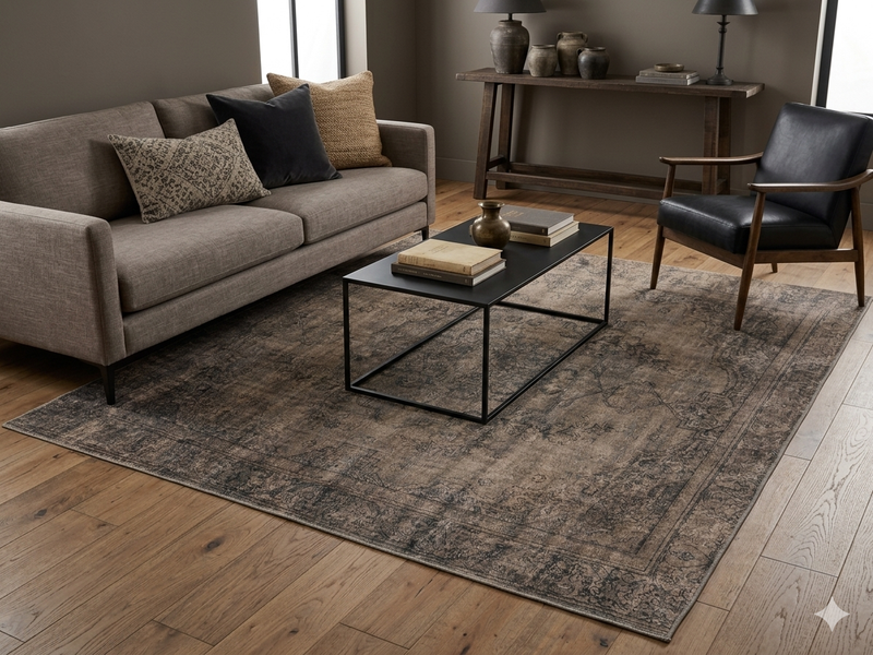 7' x 7' Square Taupe Gray Distressed Medallion Vintage Area Rug styled in a sophisticated living room with a neutral sofa, black leather accent chair, and modern metal coffee table.