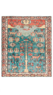 7' x 7' Square Teal Red & Ivory Tree of Life Pictorial Traditional Area Rug featuring deer, birds, floral motifs, a central tree design, and a decorative border.
