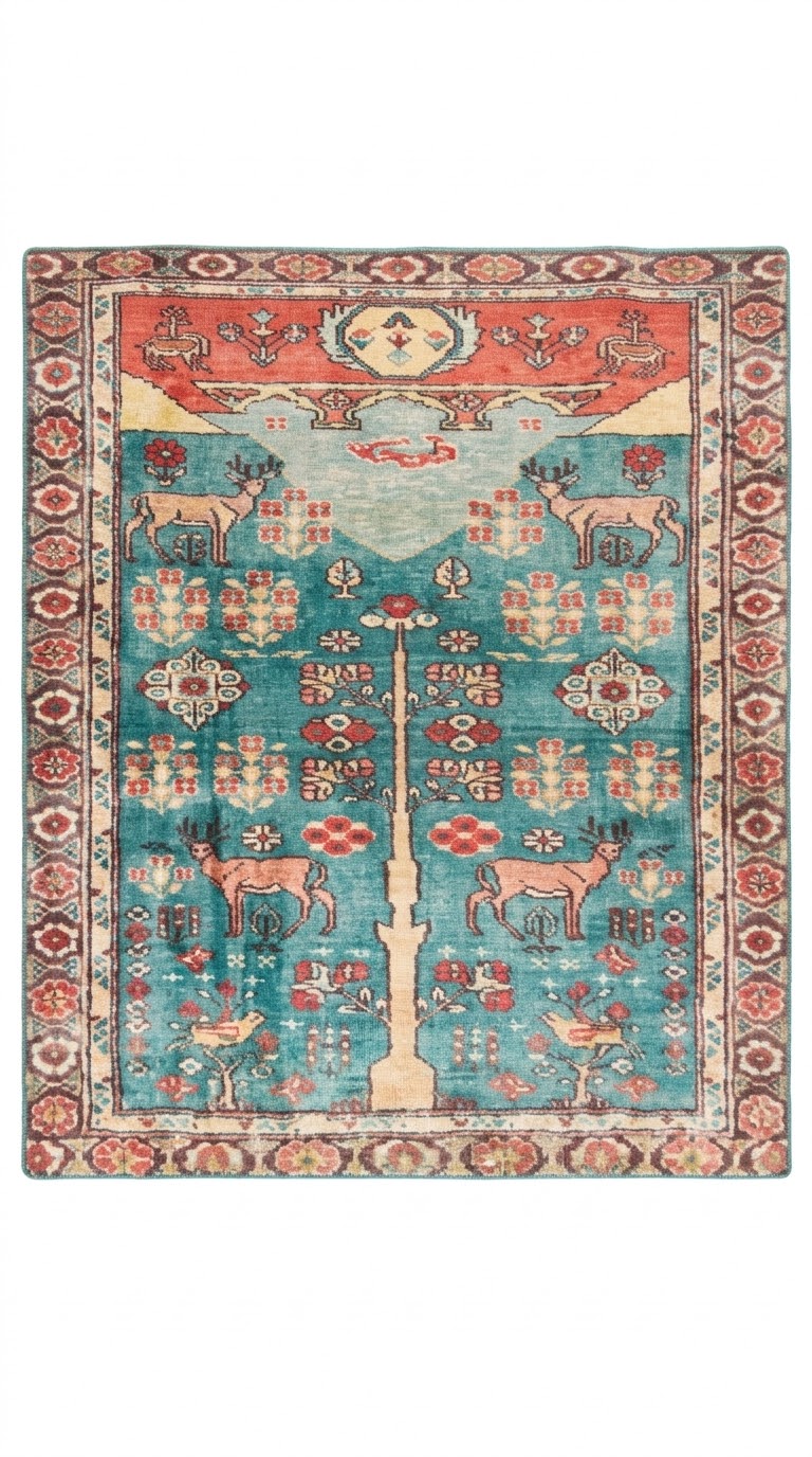 7' x 7' Square Teal Red & Ivory Tree of Life Pictorial Traditional Area Rug featuring deer, birds, floral motifs, a central tree design, and a decorative border.