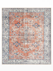 7' x 7' Square Terracotta & Blue Distressed Floral Medallion Vintage Area Rug featuring intricate floral motifs, an ivory ornamental border, and a faded Persian-inspired design.