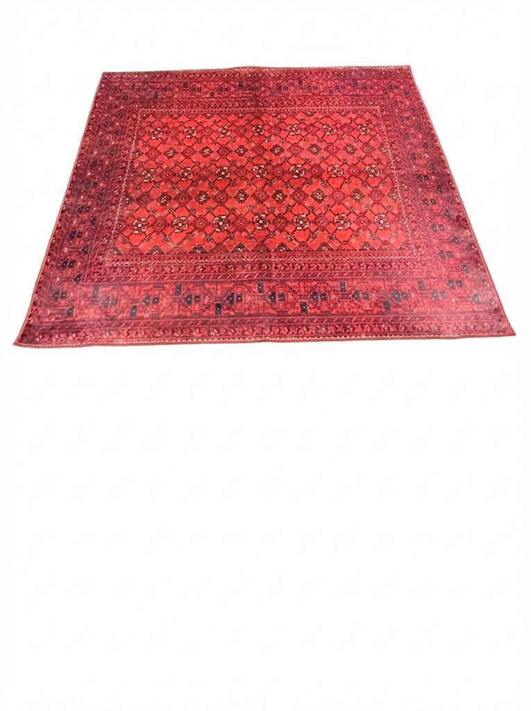 7' x 7' square area rug featuring a deep red base with navy blue oriental traditional pattern.