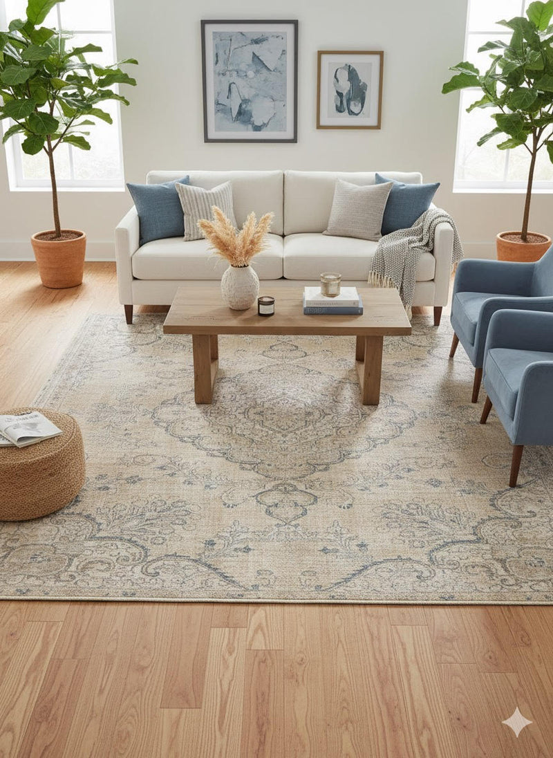 7' x 7' square beige and blue vintage medallion area rug styled in a bright living room with a neutral sofa, blue accent chairs, and light wood coffee table.