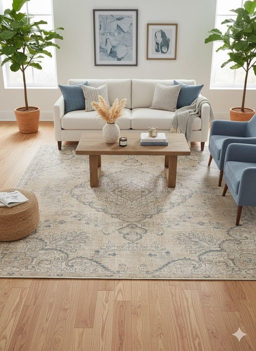 7' x 7' square beige and blue vintage medallion area rug styled in a bright living room with a neutral sofa, blue accent chairs, and light wood coffee table.