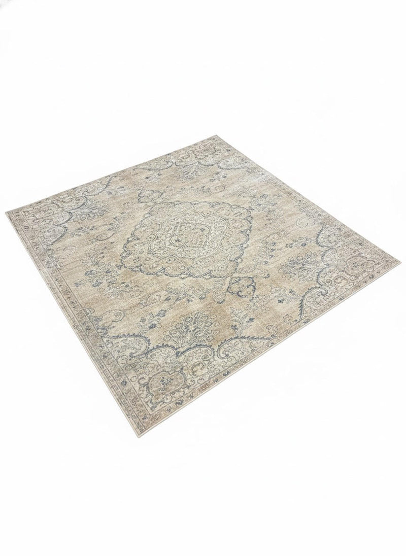 7' x 7' square beige, blue, and light gray vintage medallion area rug featuring a faded traditional pattern with ornate detailing and soft distressed finish.