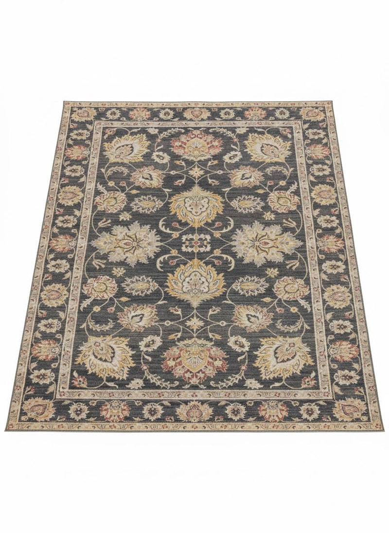 7' x 7' square charcoal, gold, and beige traditional area rug featuring an ornate floral pattern with a decorative border and classic design.