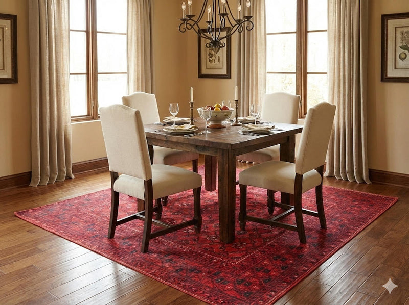 7' x 7' square deep red and navy blue oriental traditional area rug placed under a wooden dining table in a warm dining room with neutral chairs.