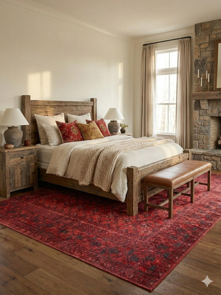 7' x 7' Square Deep Red Navy Blue Oriental Traditional Area Rug