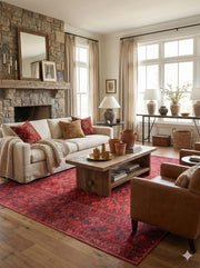 7' x 7' square deep red and navy blue oriental traditional area rug styled in a living room with a neutral sofa, leather chair, and rustic fireplace.