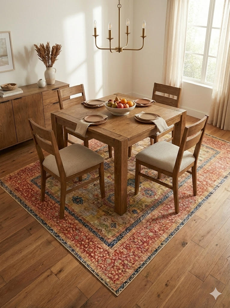 7' x 7' square multi-color distressed medallion traditional area rug placed under a square dining table with wooden chairs in a bright dining space.