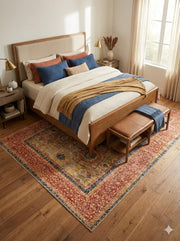 7' x 7' square multi-color distressed medallion traditional area rug positioned under a bed in a cozy bedroom with natural wood furniture and layered bedding.