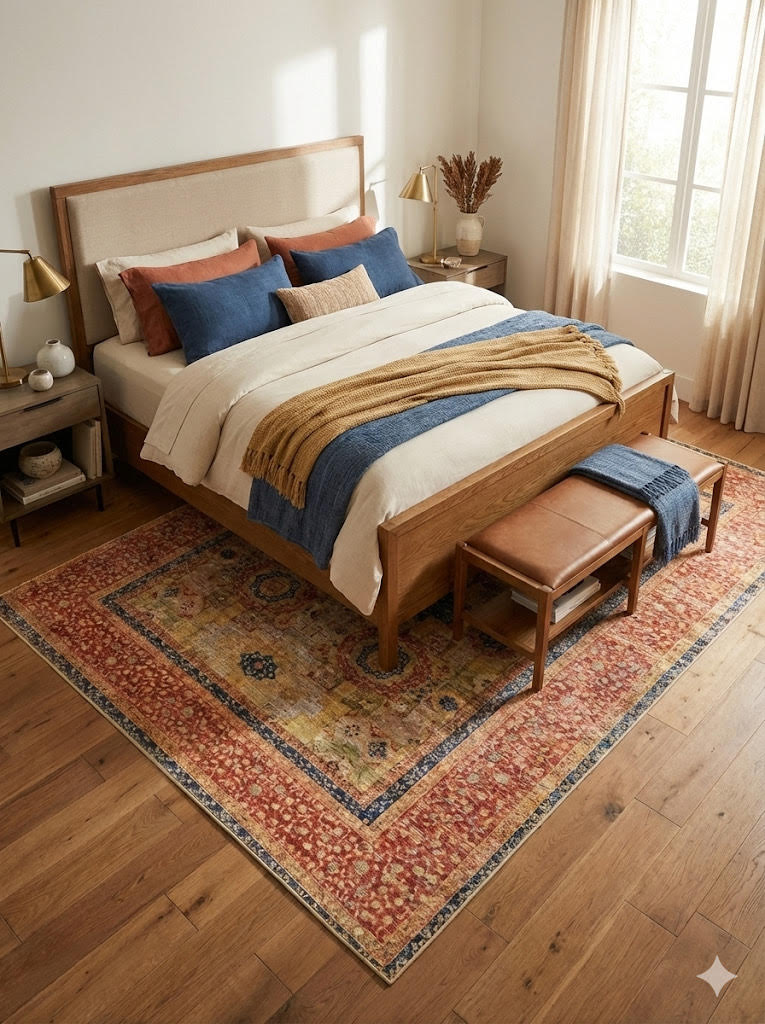 7' x 7' square multi-color distressed medallion traditional area rug positioned under a bed in a cozy bedroom with natural wood furniture and layered bedding.