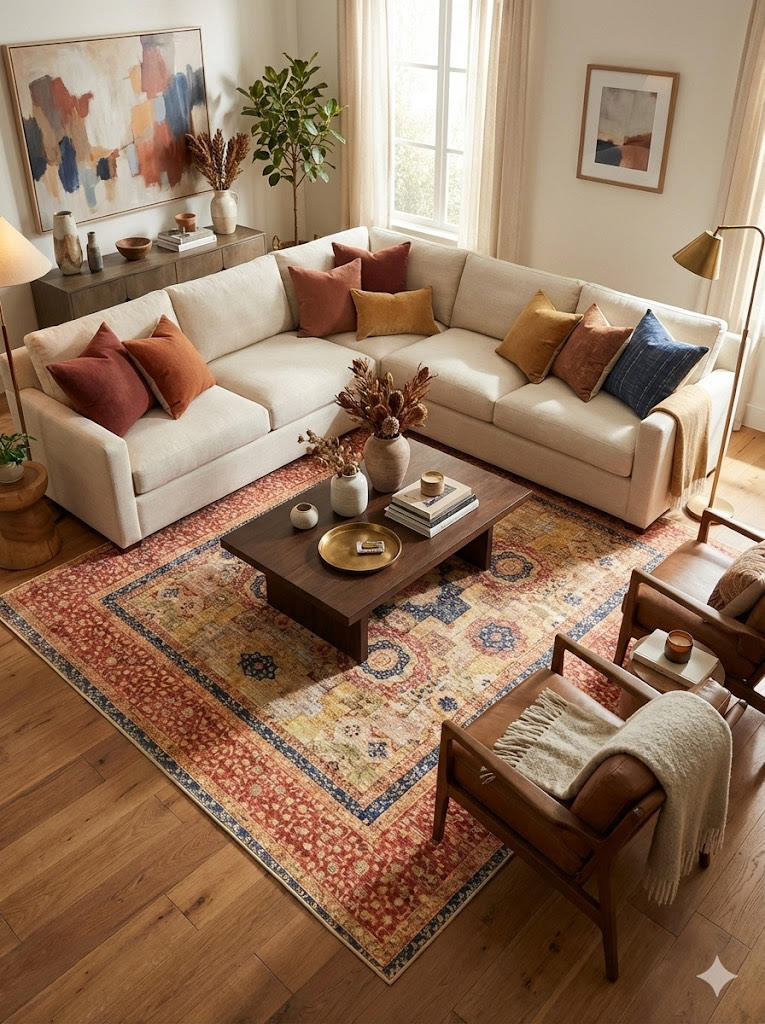 7' x 7' square multi-color distressed medallion traditional area rug styled in a warm living room beneath a sectional sofa and wood coffee table.
