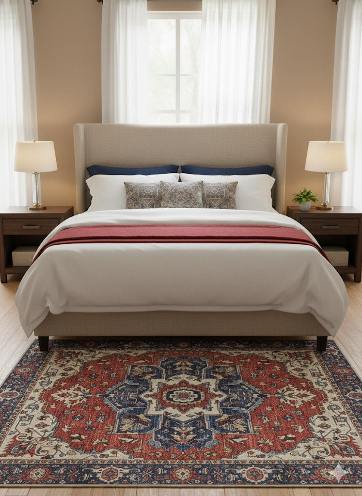 7' x 7' square multi-color medallion traditional area rug styled beneath a bed with neutral bedding and classic wood nightstands.