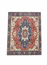 7' x 7' square multi-color traditional area rug featuring a bold red and blue medallion pattern with ivory detailing.