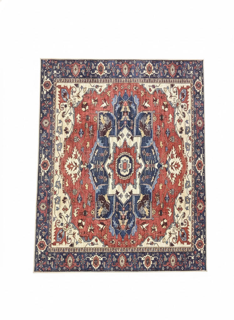 7' x 7' square multi-color traditional area rug featuring a bold red and blue medallion pattern with ivory detailing.