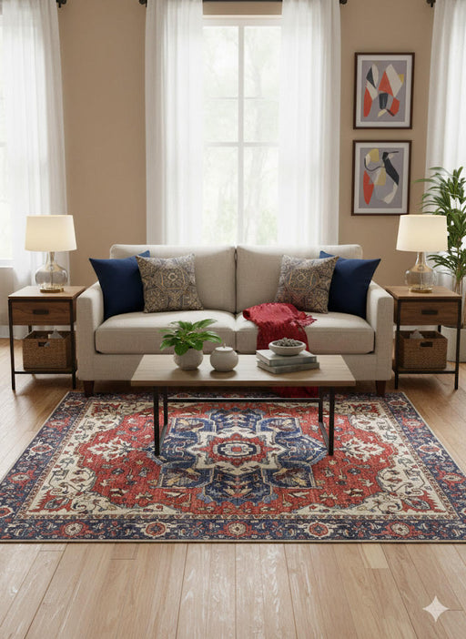 7' x 7' square red blue and ivory medallion traditional area rug placed in a cozy living room with a neutral sofa, wood coffee table, and warm decor.