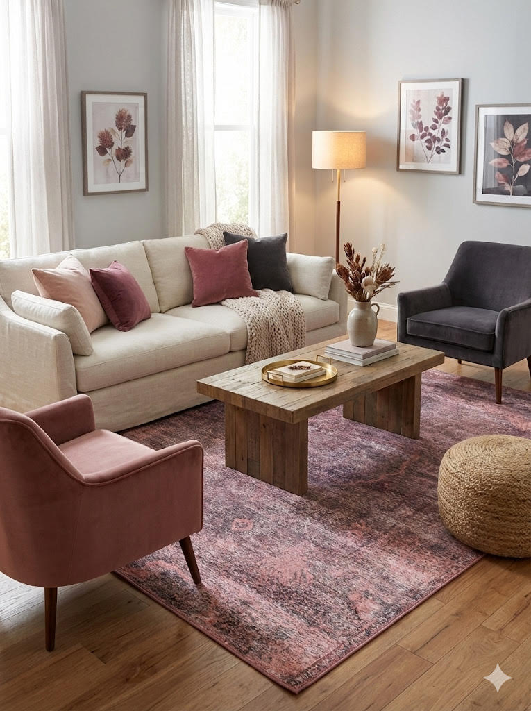7' x 9' Blush Pink Charcoal Soft Brown Distressed Medallion Vintage Area Rug styled in a cozy living room with neutral sofa and wood coffee table.