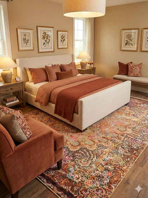 7' x 9' Burnt Orange Multi Color Vintage Persian-Inspired Floral Area Rug placed / styled in a warm neutral bedroom beneath a light upholstered bed with rust bedding, wood nightstands, and botanical wall art.