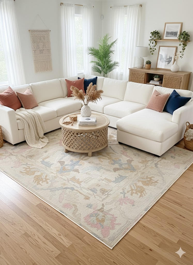 7' x 9' Ivory Pastel Multi Color Tribal Medallion Area Rug placed / styled in a sunlit living room beneath a white sectional sofa with pastel accent pillows and a round woven coffee table.