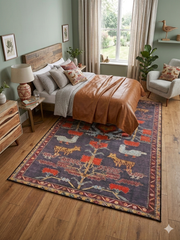 7' x 9' Rectangle Charcoal Gray & Rust Folk Tribal Washable Area Rug styled in a rustic bedroom with wooden bed frame and warm-toned décor.