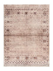 7' x 9' Rectangular Beige Brown Geometric Tribal Southwestern Area Rug featuring small diamond motifs, decorative geometric borders, and a softly distressed beige background, displayed in product view.