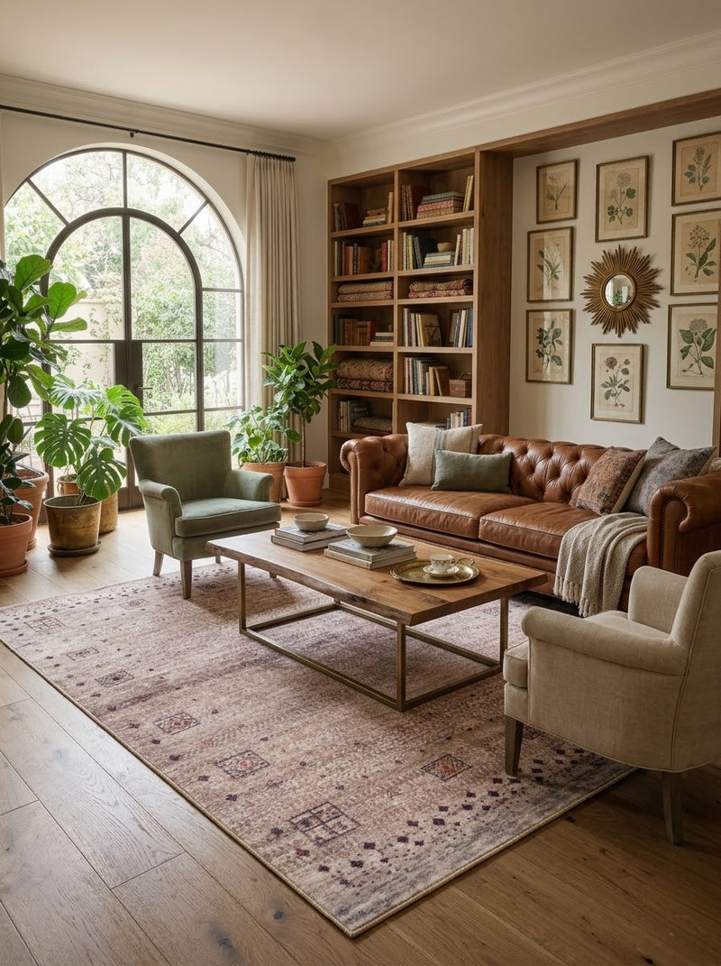 7' x 9' Rectangular Beige Brown Geometric Tribal Southwestern Area Rug styled in a living room with a brown leather sofa, green armchair, and wooden coffee table.