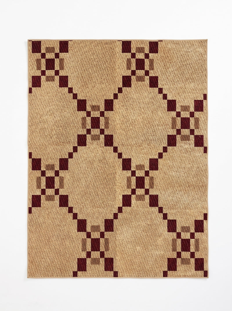 7' x 9' Rectangular Beige & Burgundy Diamond Geometric Modern Area Rug featuring a repeating diamond lattice pattern with burgundy square accents on a textured beige background, displayed in product view.