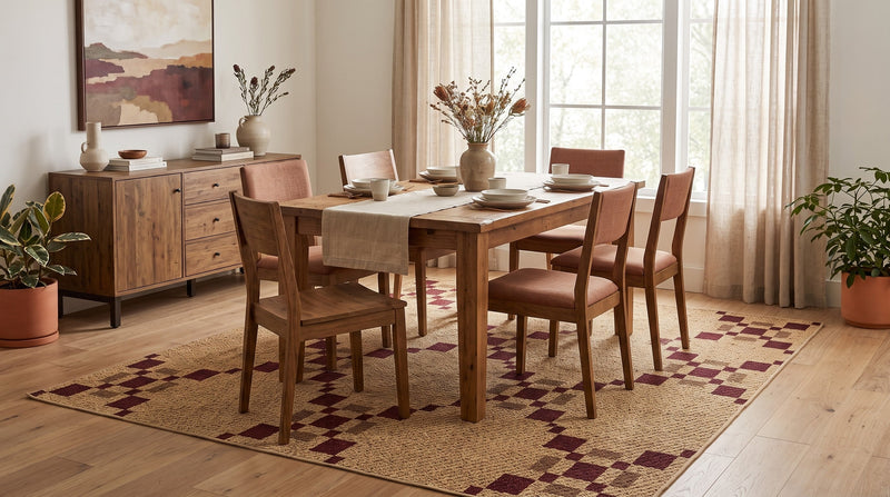 7' x 9' Rectangular Beige Burgundy Diamond Geometric Modern Area Rug styled in a dining room with a wooden dining table and upholstered chairs.