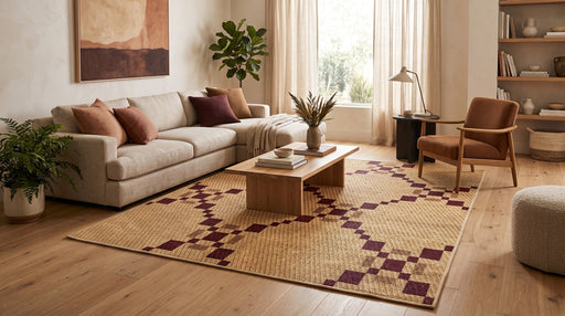 7' x 9' Rectangular Beige Burgundy Diamond Geometric Modern Area Rug styled in a living room with a beige sofa and wooden coffee table.