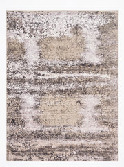 7' x 9' Rectangular Beige Gray Distressed Abstract Modern Area Rug featuring a textured beige background with layered gray and ivory distressed patterns, displayed in product view.