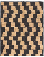 7' x 9' Rectangular Black Beige Checkered Geometric Modern Washable Area Rug featuring alternating beige squares on a black background, displayed in product view.