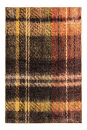 7' x 9' Rectangular Black, Mustard Gold & Rust Orange Plaid Geometric Modern Area Rug featuring bold intersecting stripes and a textured checkered pattern, displayed in product view.