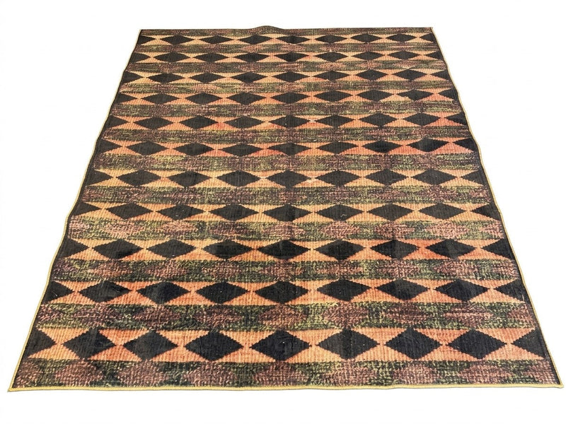 7' x 9' Rectangular Black Rust Diamond Geometric Southwestern Area Rug featuring repeating diamond motifs, earthy multicolor stripes, and a rustic tribal design, displayed in product view.