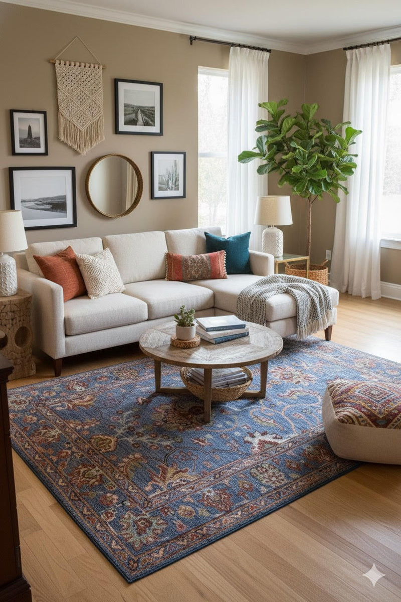 7' x 9' Rectangular Blue Multi Color Floral Traditional Area Rug styled in a living room featuring a soft blue background with intricate floral motifs and a classic decorative border.