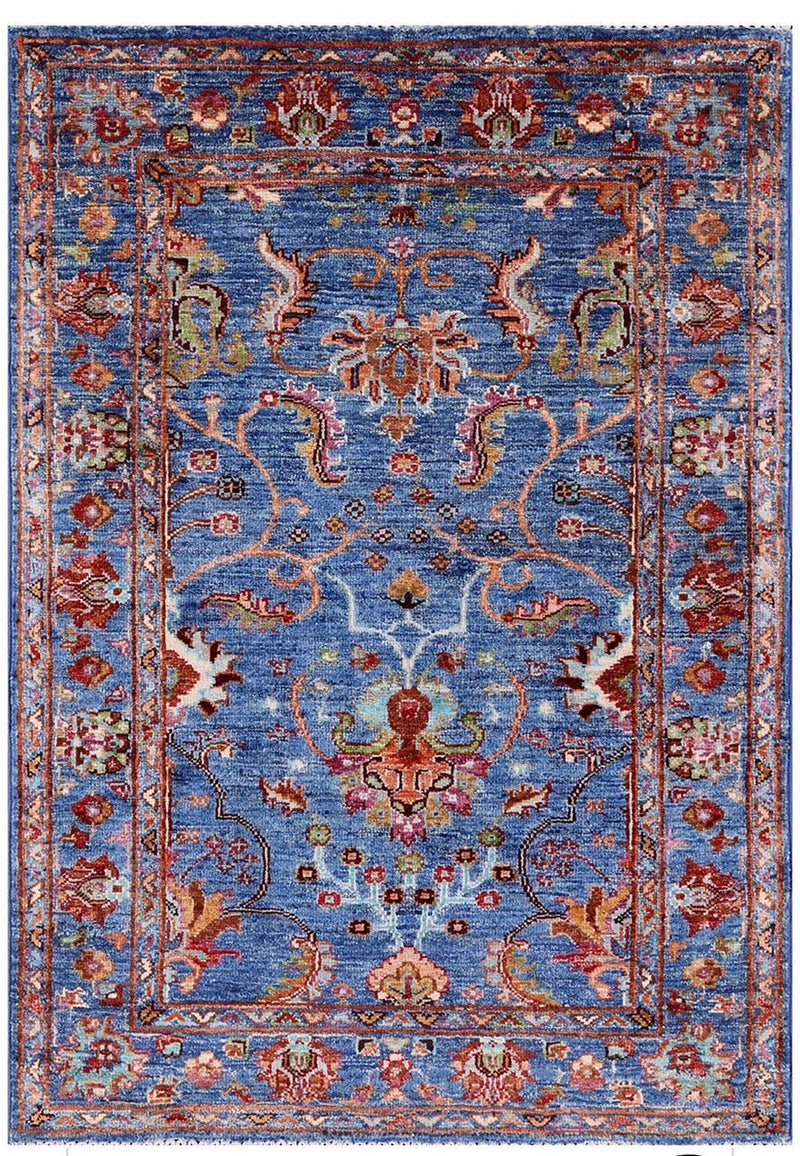 7' x 9' Rectangular Blue Multi Color Floral Traditional Area Rug top view showing the detailed floral design, ornate border, and classic rectangular shape.