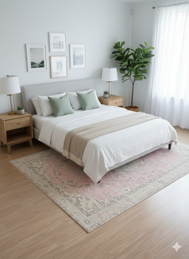 7' x 9' Rectangular Blush Pink & Ivory Vintage Distressed Traditional Washable Area Rug placed in a bright modern bedroom setting with neutral décor and wood flooring.