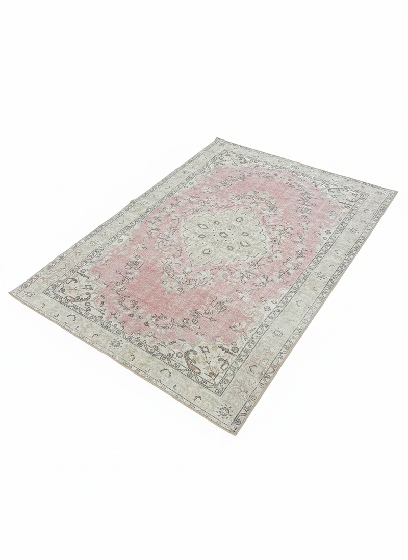 7' x 9' Rectangular Blush Pink & Ivory Washable Area Rug with Vintage Distressed Traditional Pattern