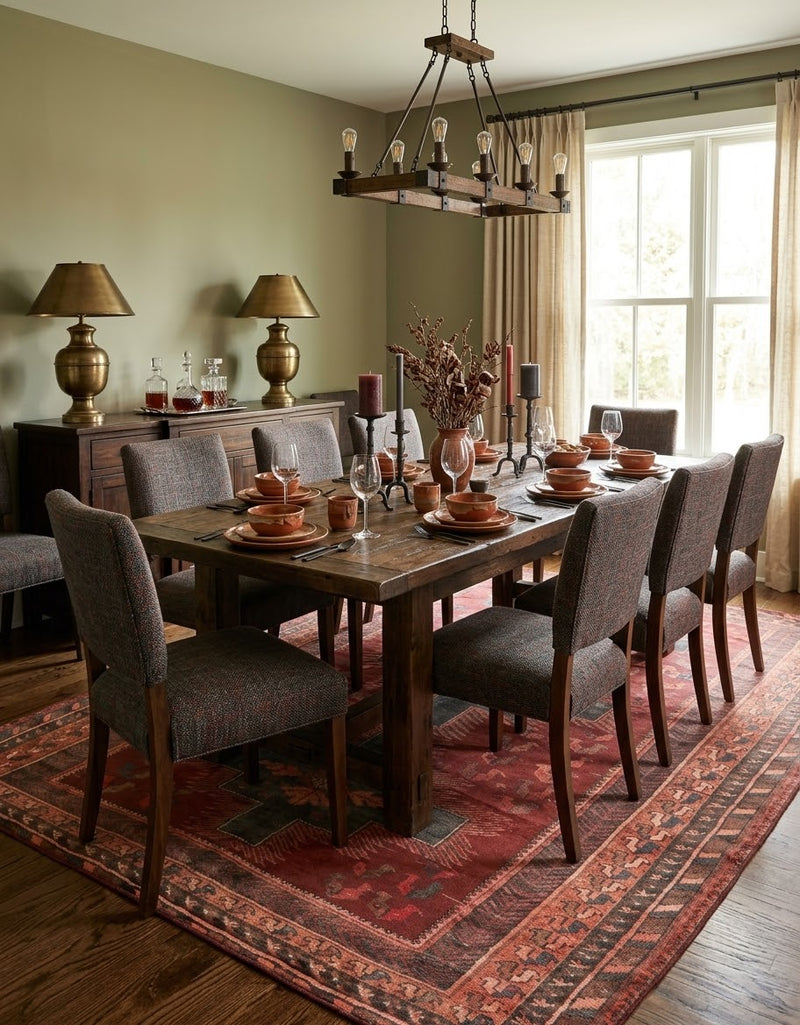 7' x 9' Rectangular Burgundy Charcoal Geometric Tribal Southwestern Area Rug styled in a dining room with a wooden dining table, gray upholstered chairs, and rustic chandelier.