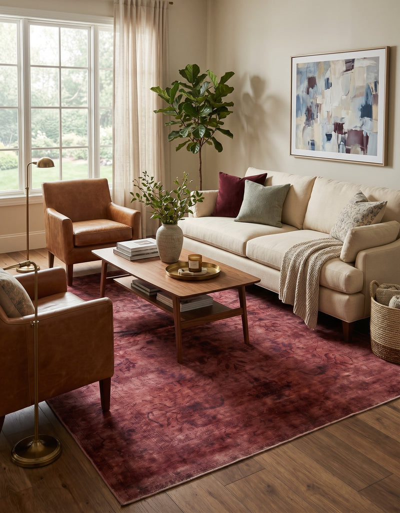 7' x 9' Rectangular Burgundy Rose Pink Distressed Floral Vintage Traditional Area Rug styled in a living room with a beige sofa, brown leather armchairs, and wooden coffee table.