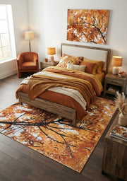 7' x 9' Rectangular Burnt Orange Golden Yellow Autumn Tree Botanical Modern Area Rug placed in a bedroom with a wooden bed, orange bedding, and matching nightstands.