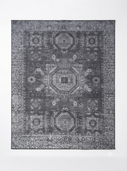 7' x 9' Rectangular Charcoal Gray Silver Distressed Geometric Medallion Traditional Washable Area Rug featuring faded octagonal medallions, intricate geometric motifs, and a decorative border, displayed in product view.
