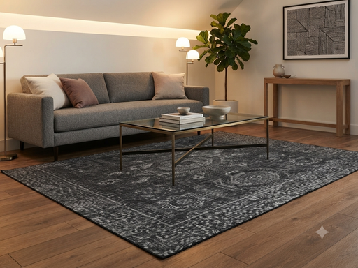 7' x 9' Rectangular Charcoal Gray Silver Distressed Geometric Medallion Traditional Washable Area Rug styled in a living room with a gray sofa and glass coffee table.