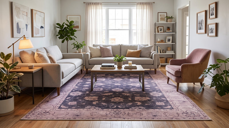 7' x 9' Rectangular Charcoal Purple Lavender Floral Traditional Oriental Area Rug styled in a living room with light gray sofas, a lavender armchair, and wooden coffee table.